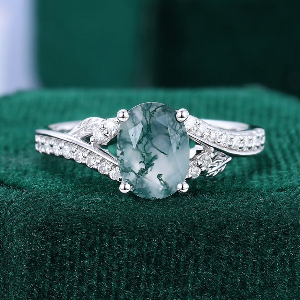 Oval Cut Moss Agate Leaf Engagement Ring With Pavé Split Shank