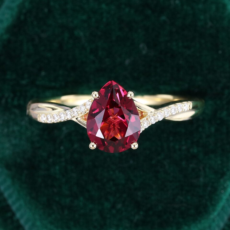 Pear Cut Lab Ruby Engagement Ring with Asymmetrical Split Shank (5)