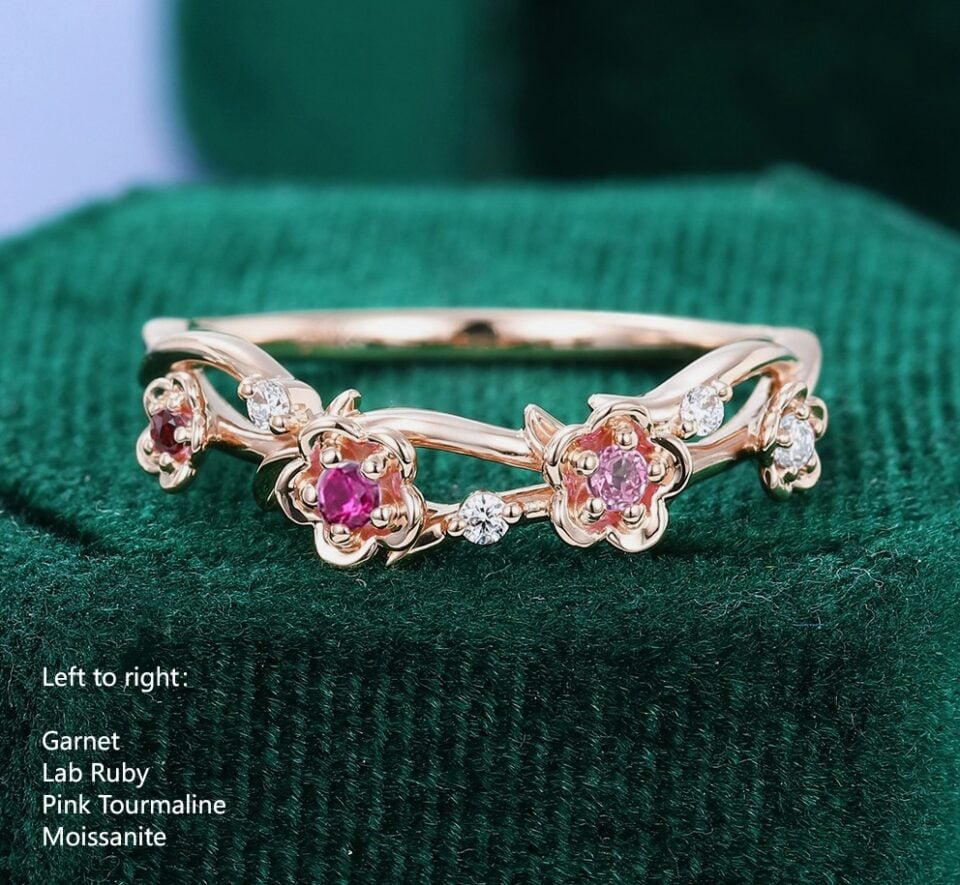 Pink-sapphire-inlaid-cherry-blossom-curved-wedding-band-floral-stacking-ring