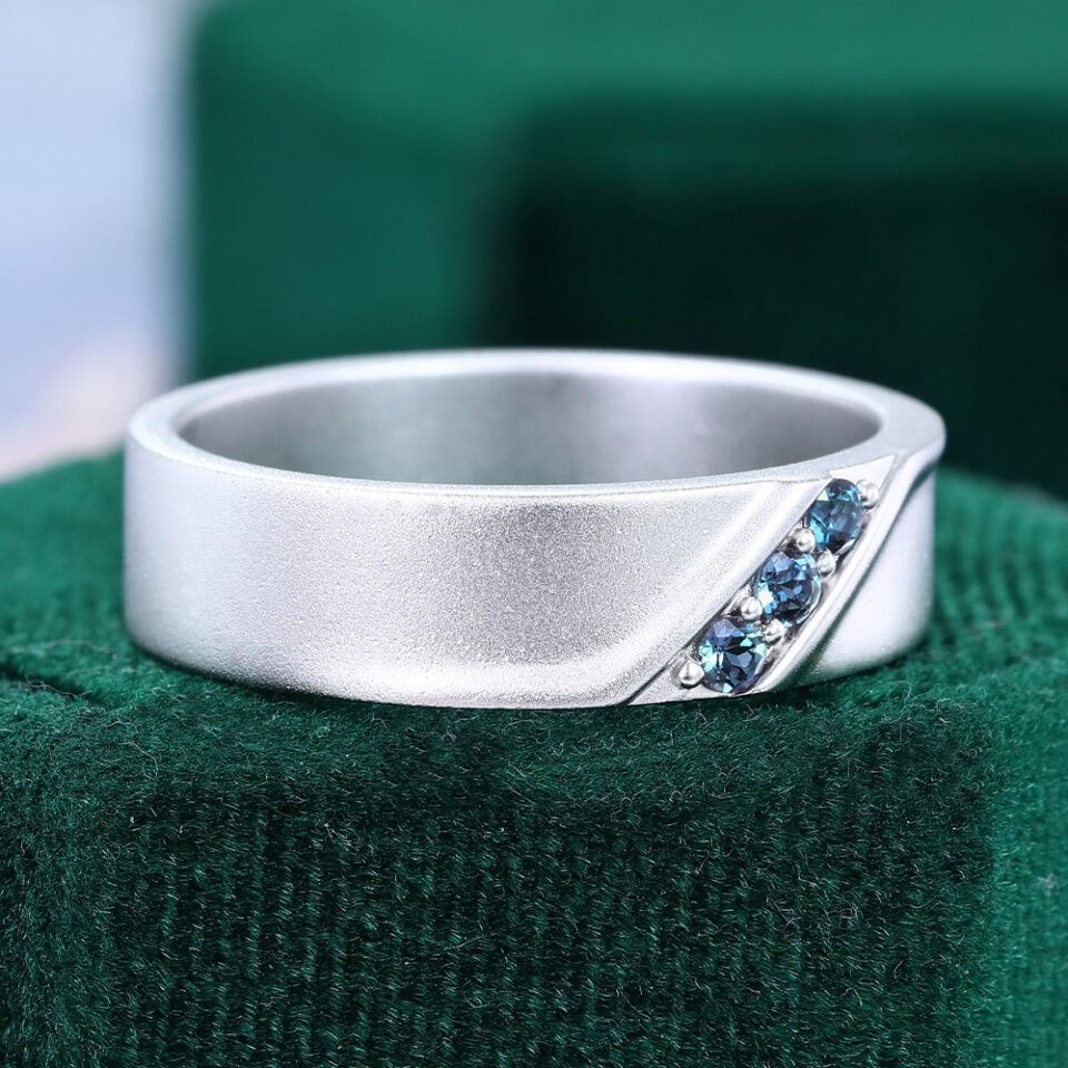 Round Cut Alexandrite Ring Matte Finish Neutral Wedding Band (4)