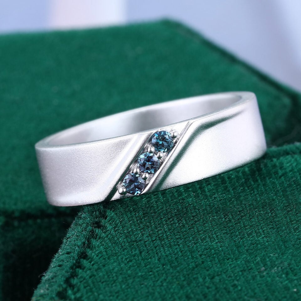 Round Cut Alexandrite Ring Matte Finish Neutral Wedding Band (6)
