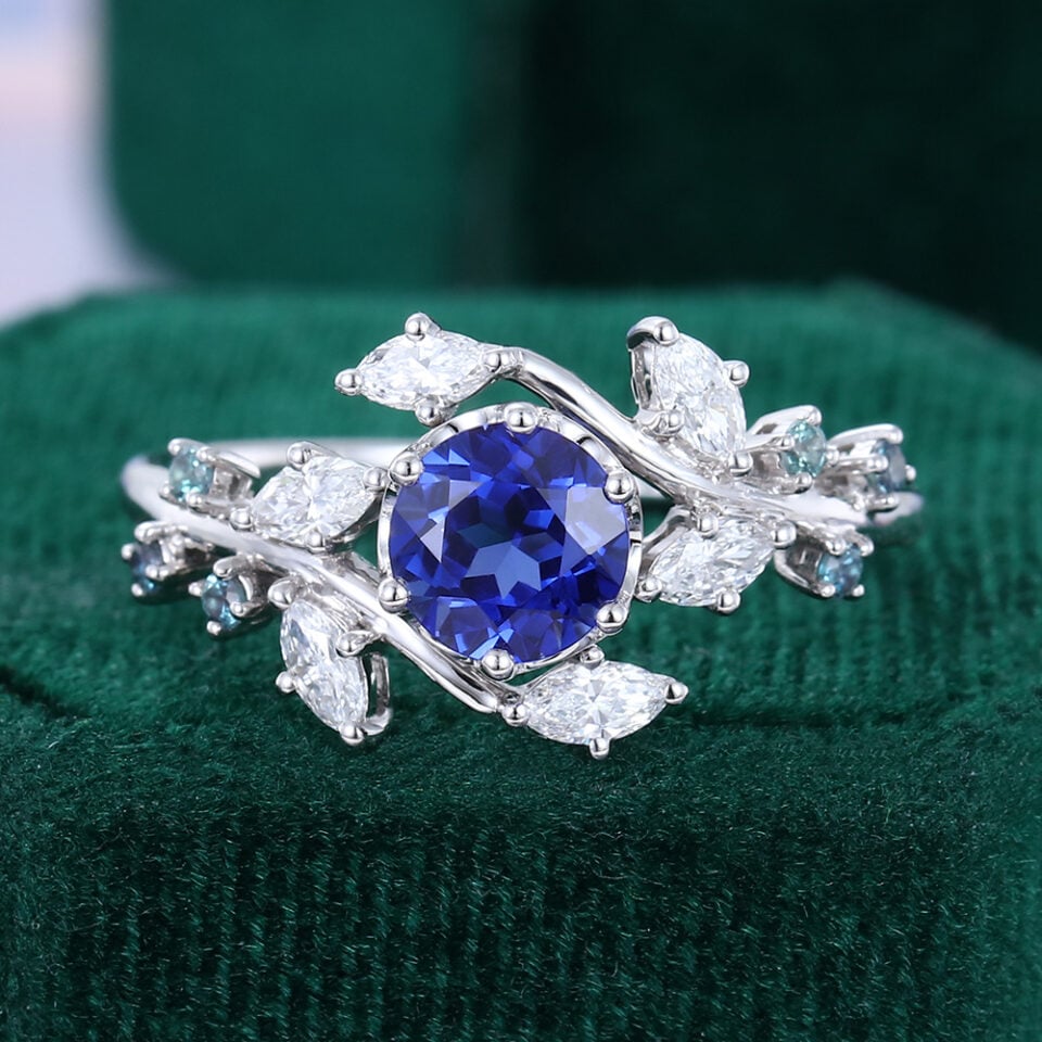 Round Cut Sapphire Twig Inspired Engagement Ring With Alexandrite & Moissanite Accents