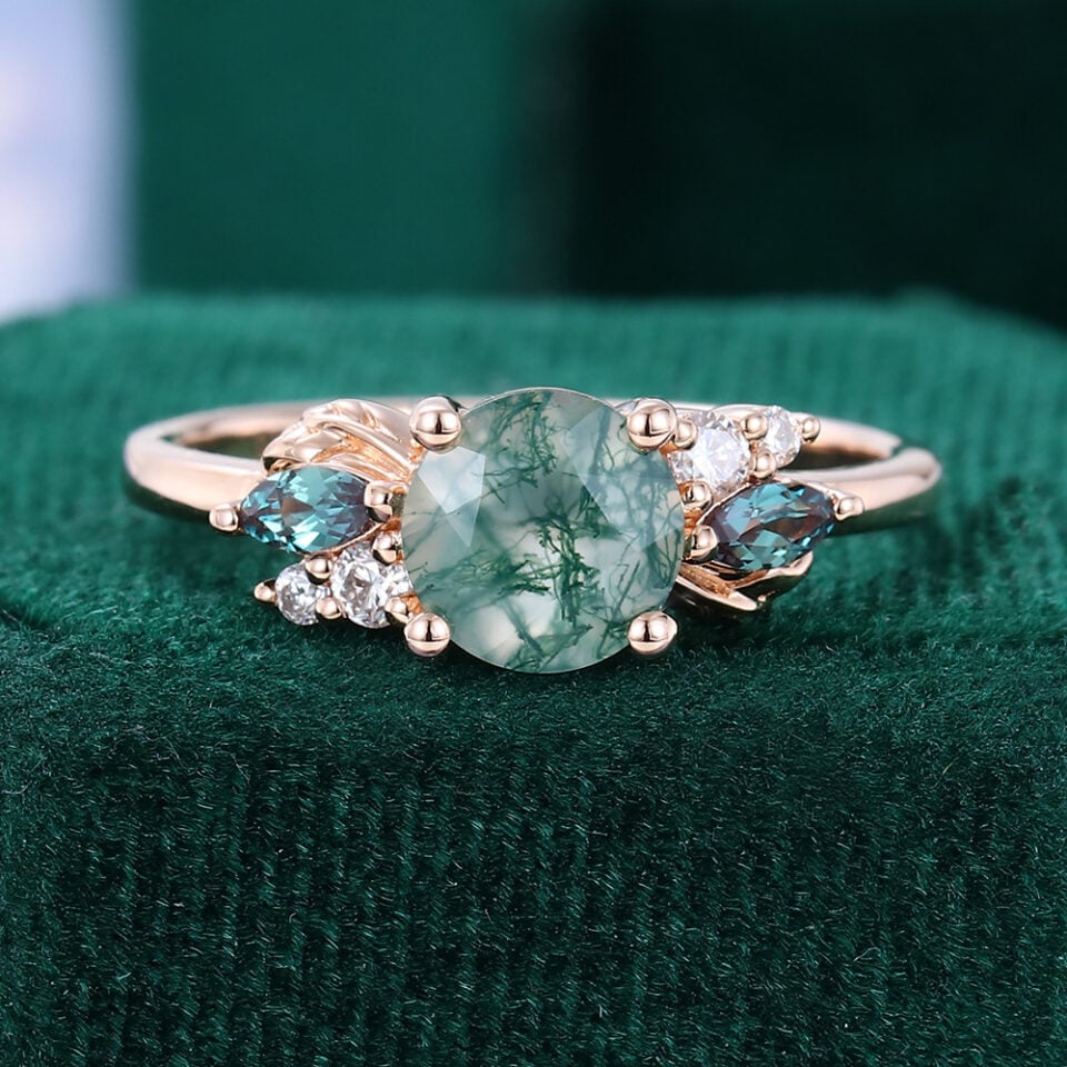 Round Cut Moss Agate Engagement Ring Nature Inspired Cluster Ring (2)
