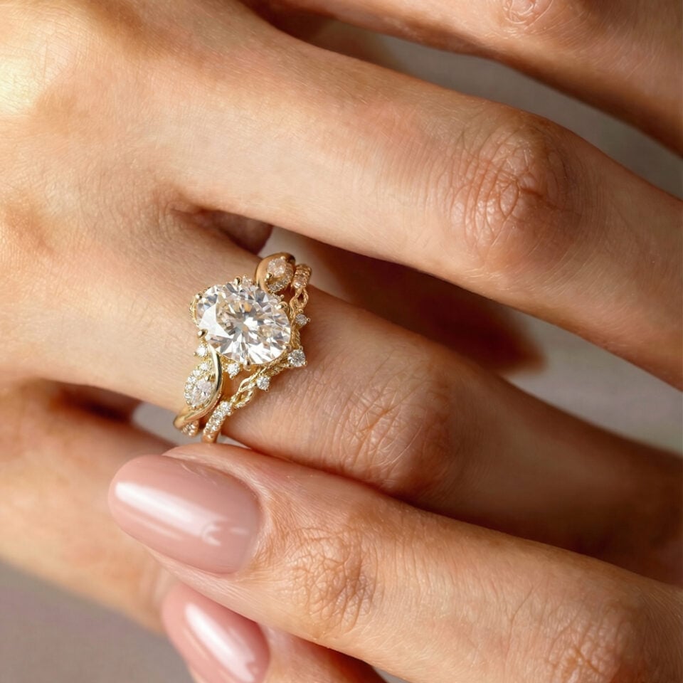 A 2CT Oval Cut Nature Inspired Moissanite Bridal Ring Set on the Hand