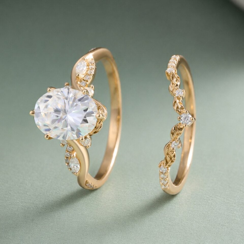 2CT Oval Cut Moissanite Bridal Ring Set 2PCS Nature Inspired Matching Ring Set (4)