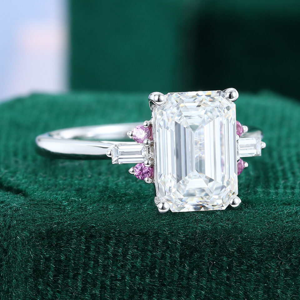 3CT Emerald Cut Lab Diamond Engagement Ring with Pink Sapphire Accents (2)