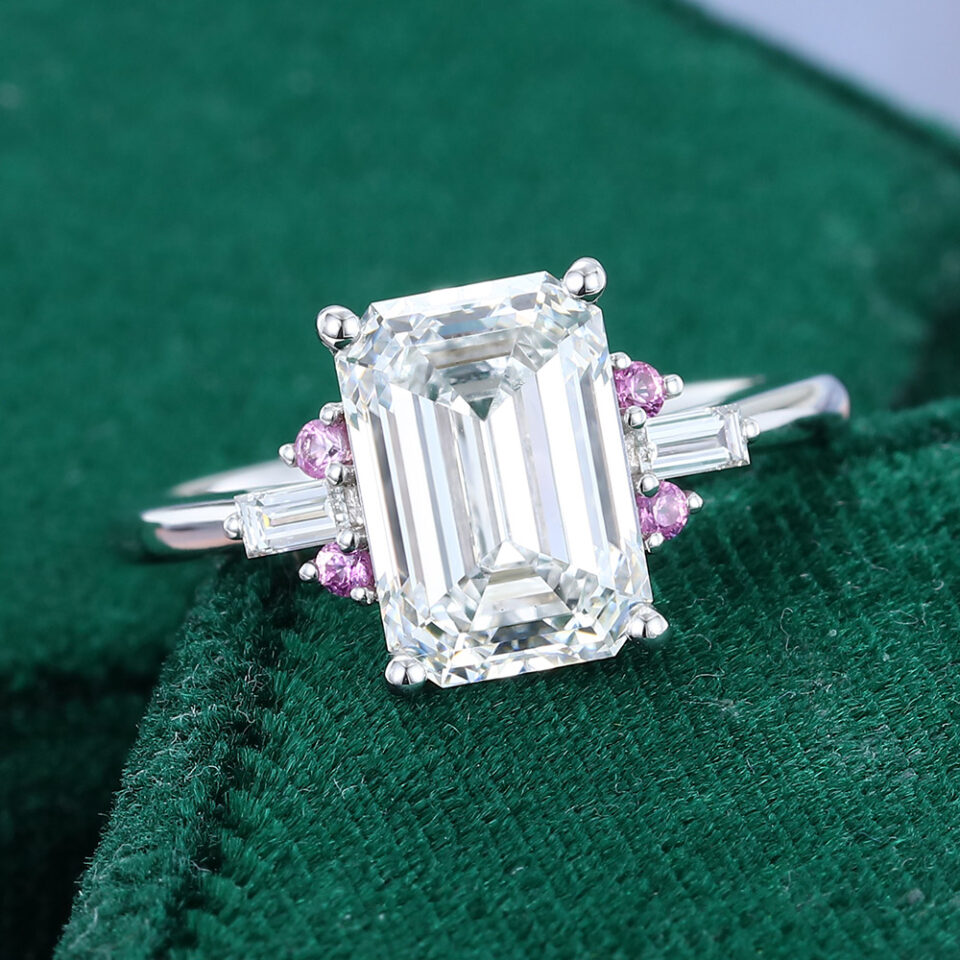 3CT Emerald Cut Lab Diamond Engagement Ring with Pink Sapphire Accents (3)
