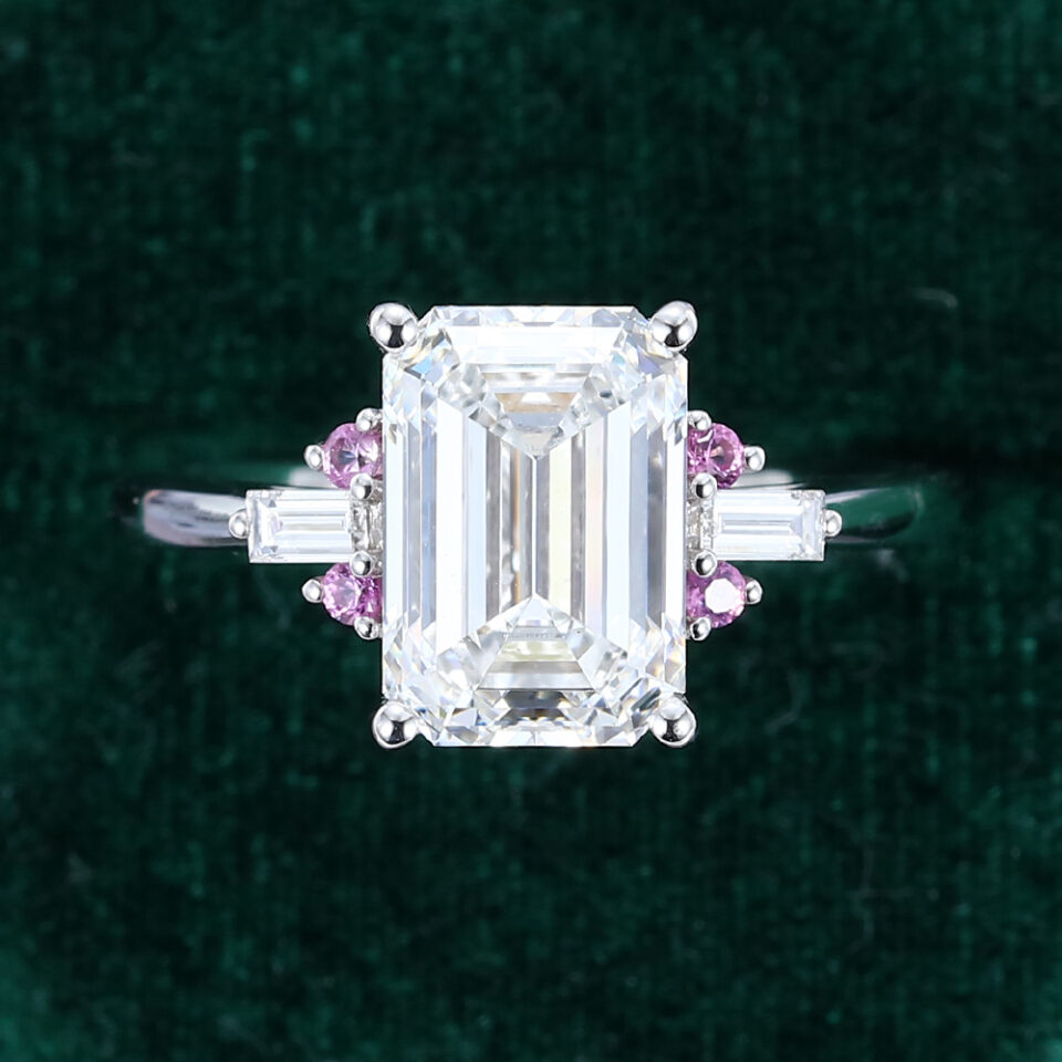3CT Emerald Cut Lab Diamond Engagement Ring with Pink Sapphire Accents (5)