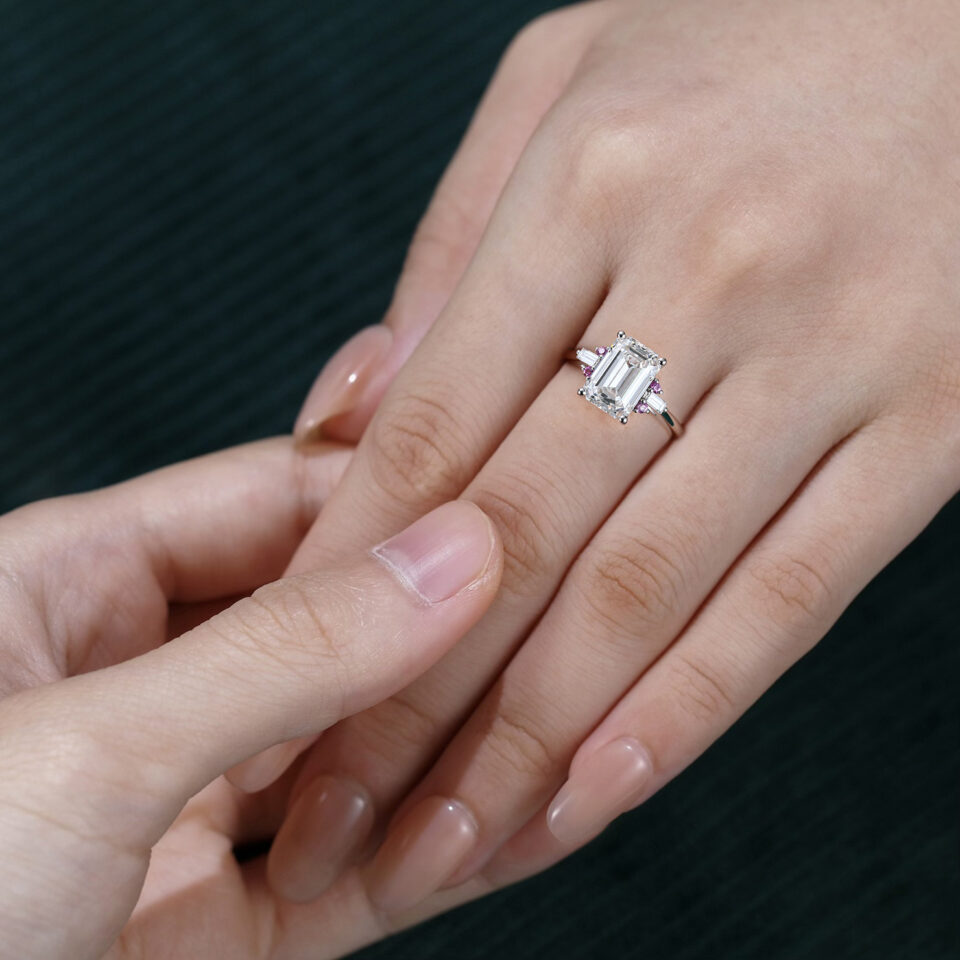 3CT Emerald Cut Lab Diamond Engagement Ring with Pink Sapphire Accents (6)