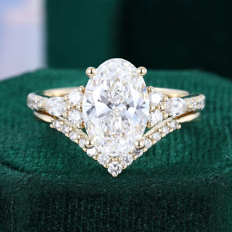 3CT Oval Cut Lab Diamond Cluster Bridal Ring Set 2PCS Classic Matching Ring Set