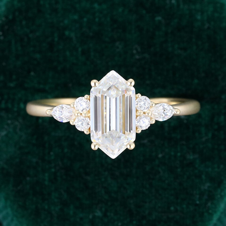 Classic Cluster Long Hexagonal Cut Moissanite Engagement Ring In Matte Finish (1)