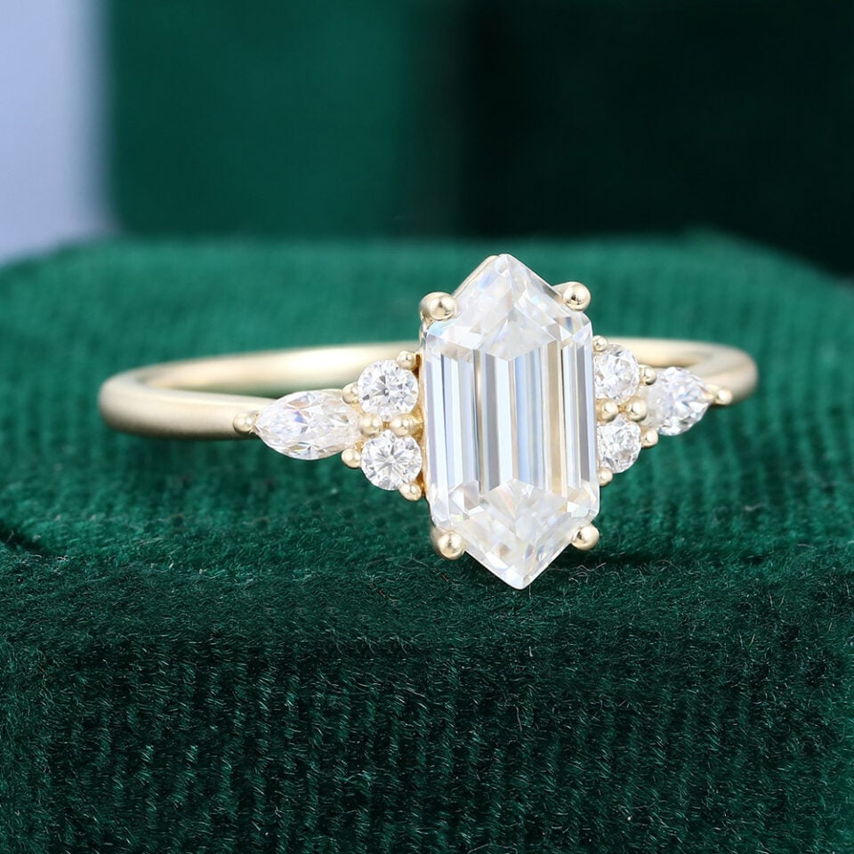Classic Cluster Long Hexagonal Cut Moissanite Engagement Ring In Matte Finish (5)