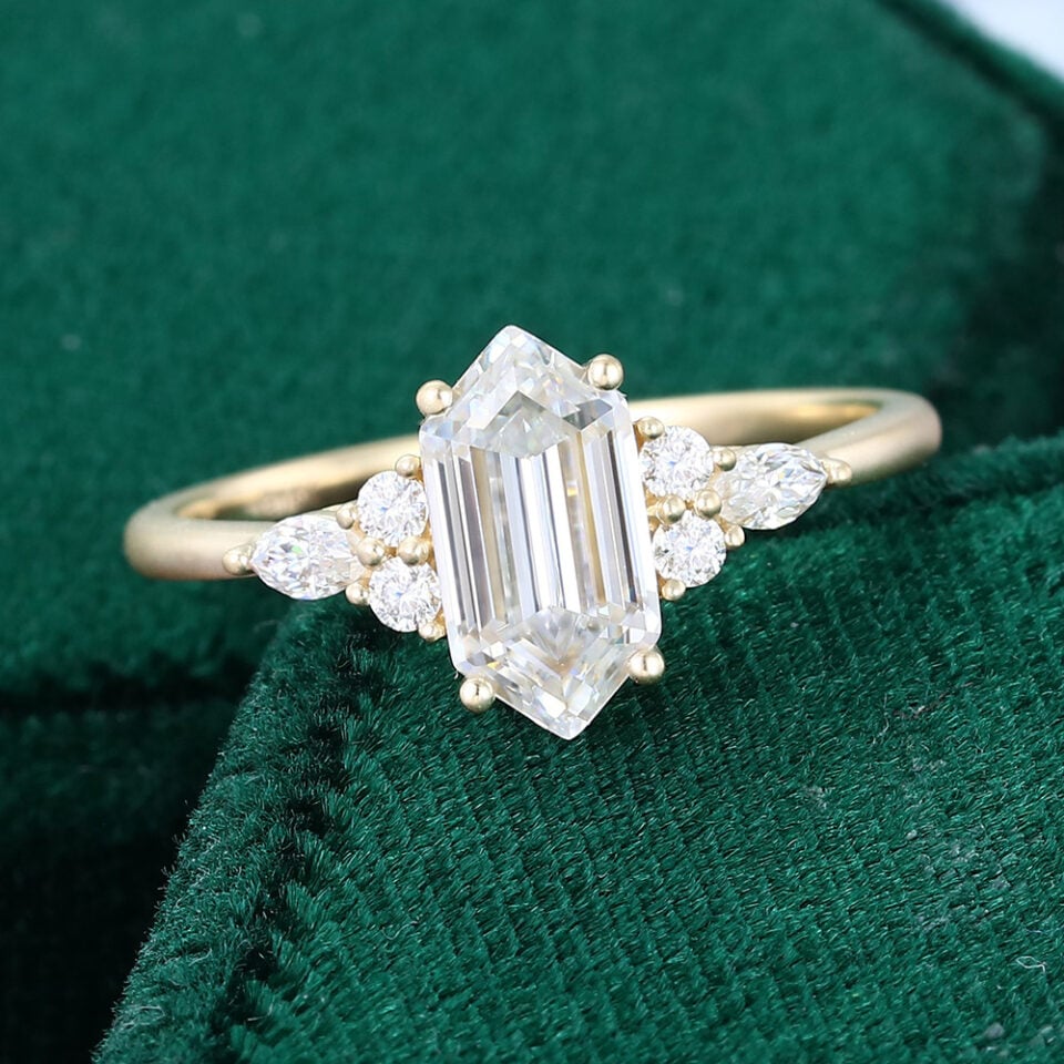 Classic Cluster Long Hexagonal Cut Moissanite Engagement Ring In Matte Finish (6)