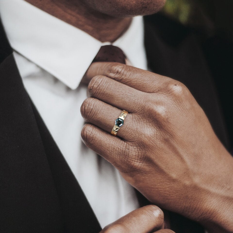 Hexagon Cut Moss Agate Leaf Accented Gender Neutral Wedding Band