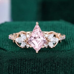 Kite Cut Pink Sapphire Cluster Engagement Ring with Alternating Opal & Diamond Pave Band