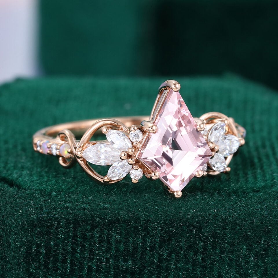 Kite Cut Pink Sapphire Cluster Engagement Ring with Alternating Opal and Diamond Pave Band (2)