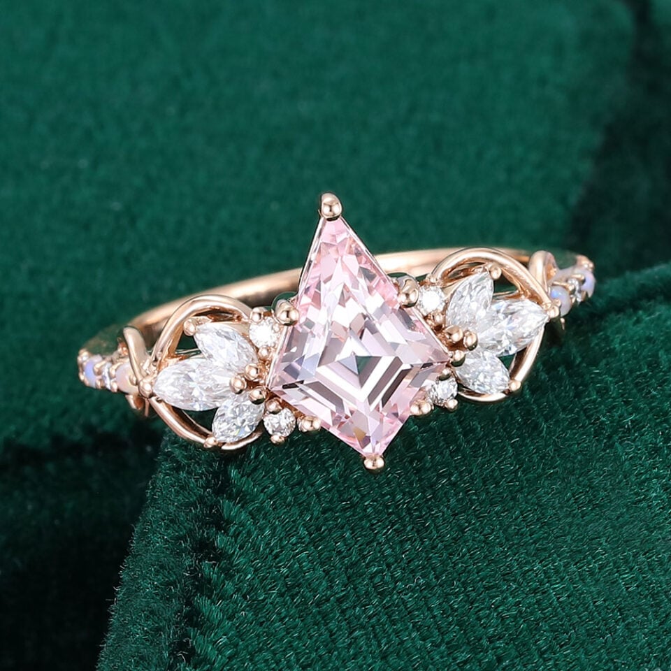 Kite Cut Pink Sapphire Cluster Engagement Ring with Alternating Opal and Diamond Pave Band (4)