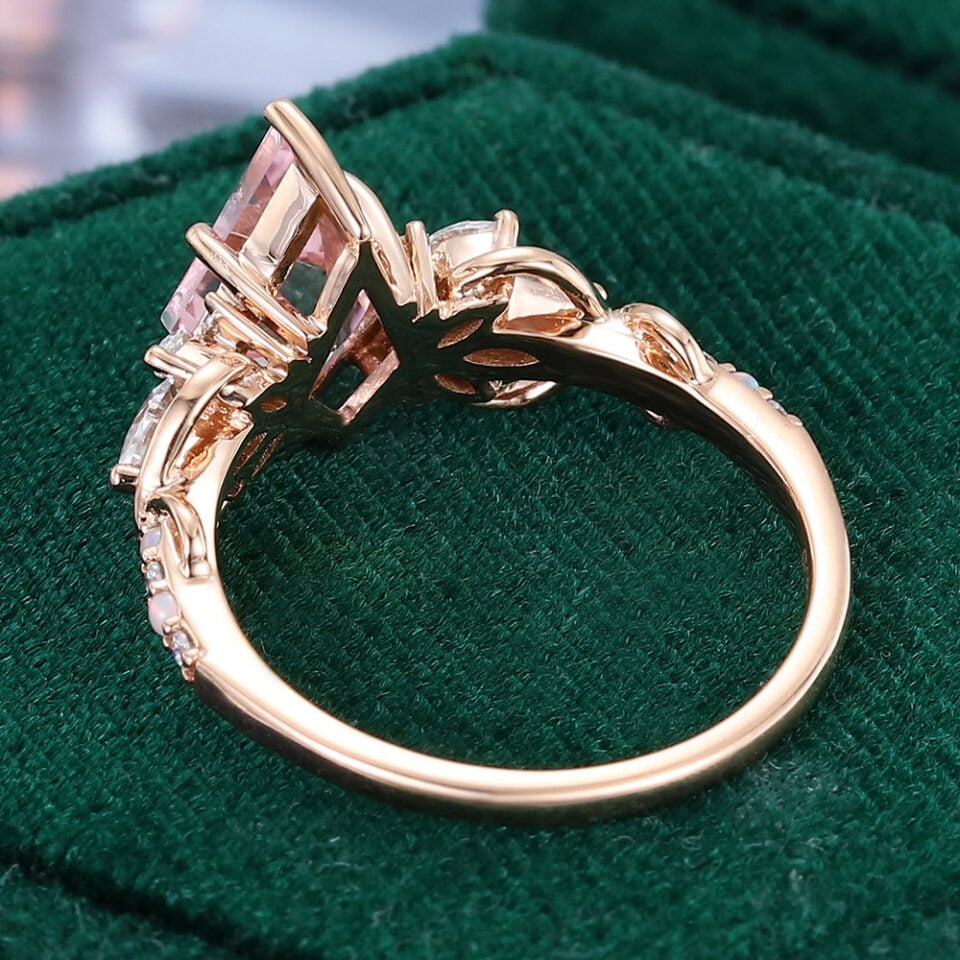 Kite Cut Pink Sapphire Cluster Engagement Ring with Alternating Opal and Diamond Pave Band (5)