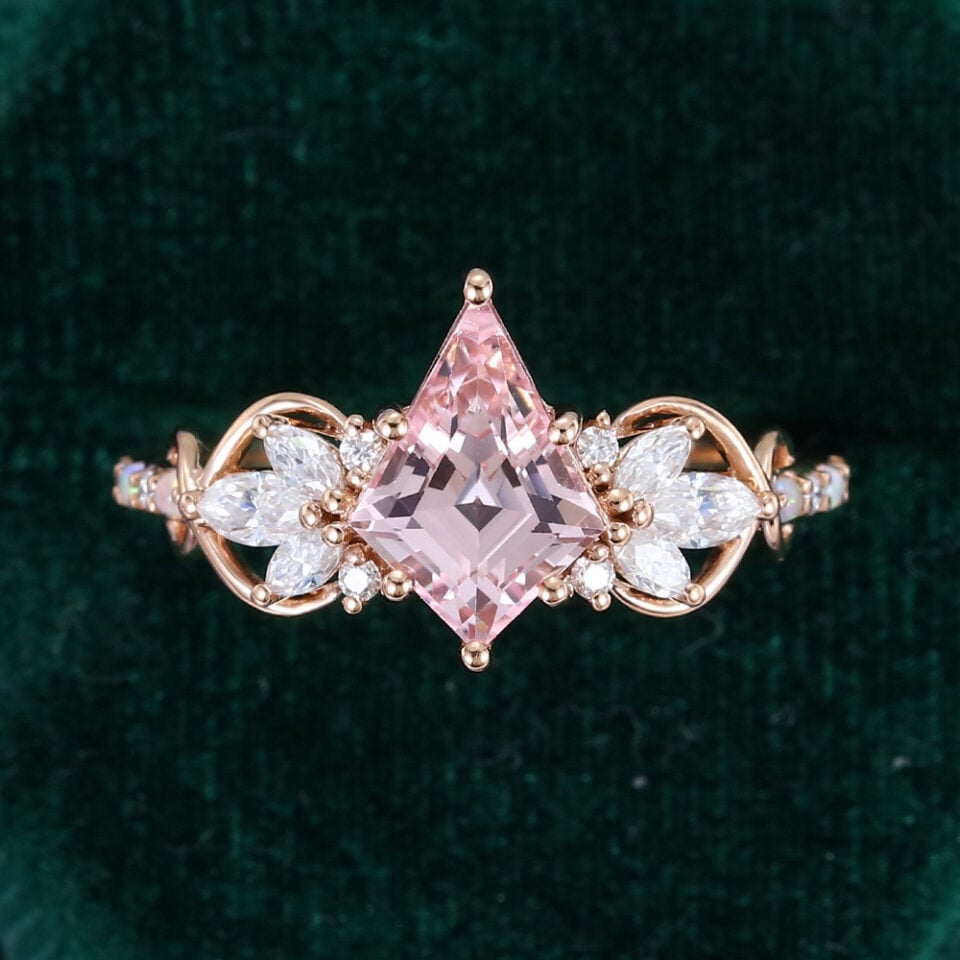 Kite Cut Pink Sapphire Cluster Engagement Ring with Alternating Opal and Diamond Pave Band (6)