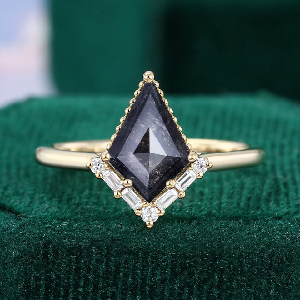 Kite Cut Salt And Pepper Diamond Beaded Engagement Ring With Baguette Accents
