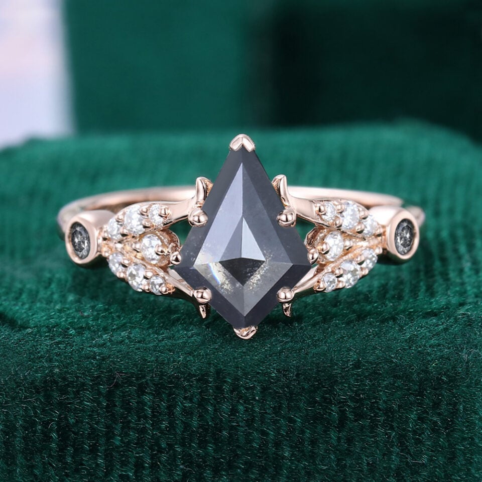 Vintage Inspired Kite Cut Salt And Pepper Diamond Tulips Engagement Ring