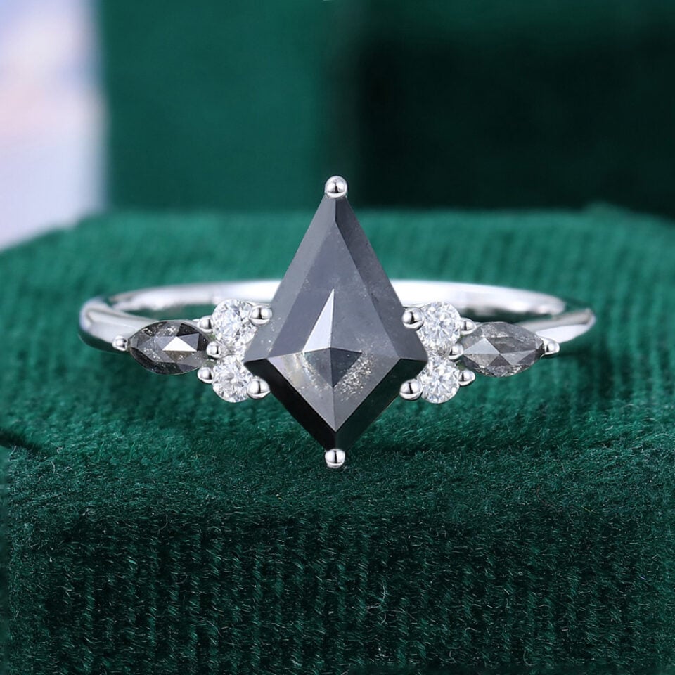 Classic Cluster | Kite Cut Salt and Pepper Diamond Engagement Ring