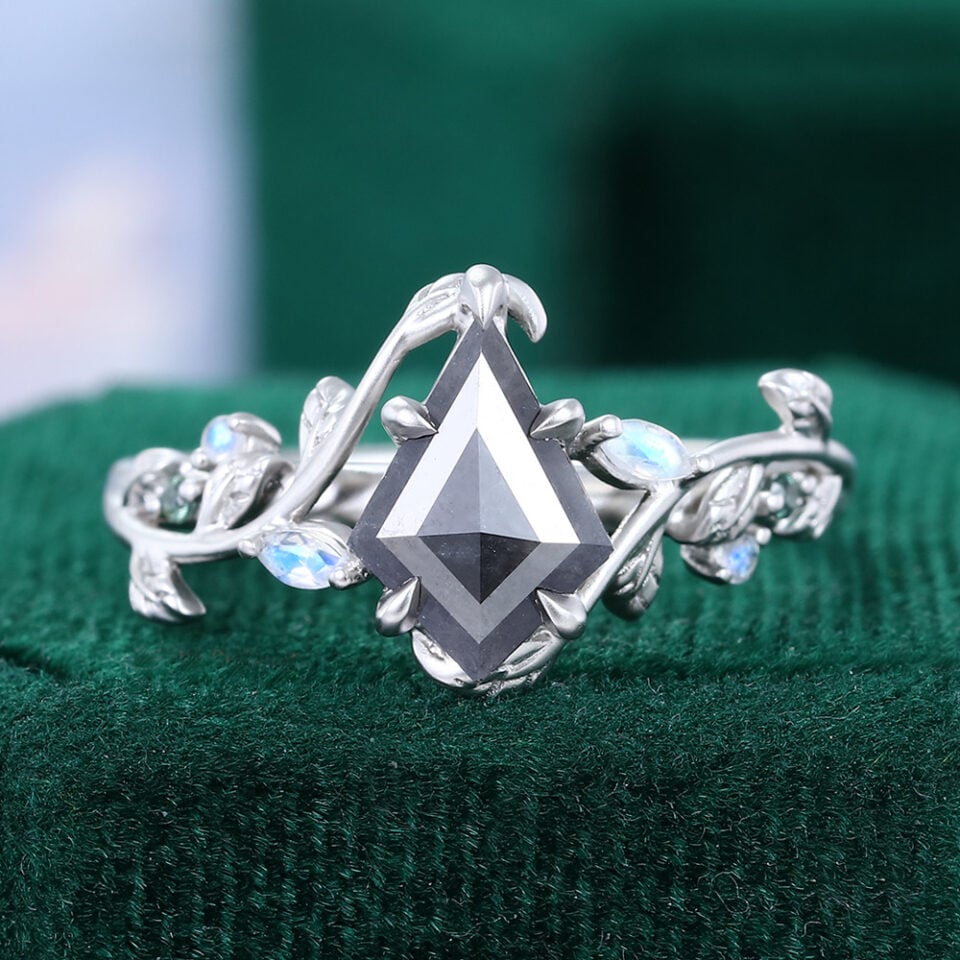 Kite cut salt & pepper diamond promise ring matte finish twig design