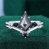 Kite Cut Salt and Pepper Diamond Bridal Ring Set Art Deco Wedding Ring Set (1)