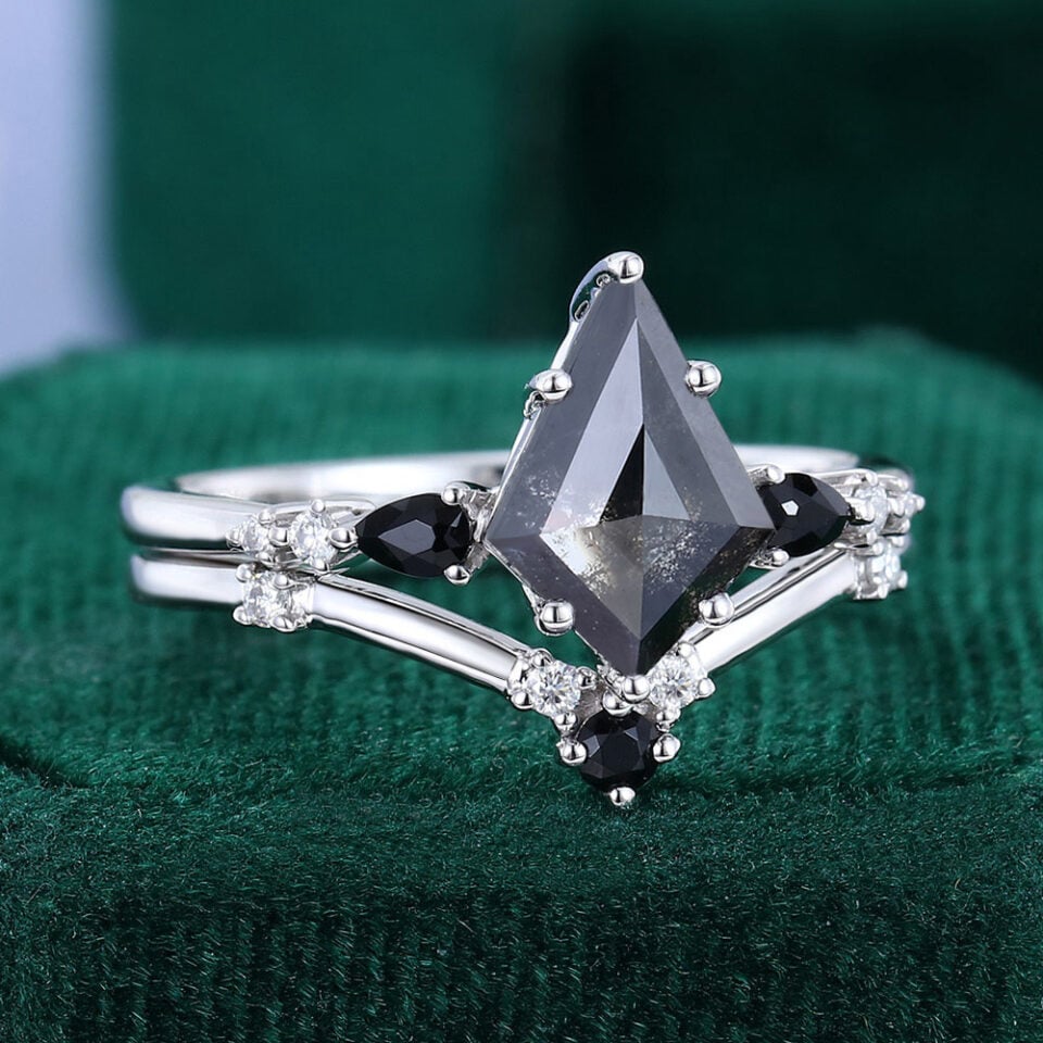 Kite Cut Salt and Pepper Diamond Bridal Ring Set Art Deco Wedding Ring Set (2)