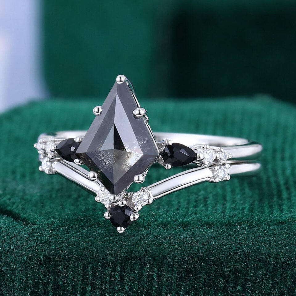 Kite Cut Salt and Pepper Diamond Bridal Ring Set Art Deco Wedding Ring Set (3)