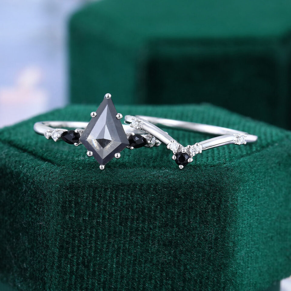Kite Cut Salt and Pepper Diamond Bridal Ring Set Art Deco Wedding Ring Set (4)