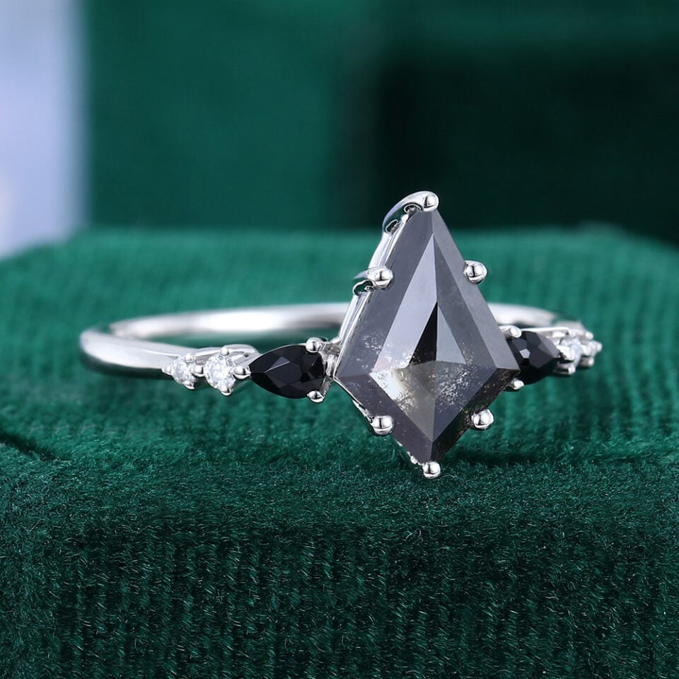 Kite Cut Salt and Pepper Diamond Engagement Ring Side Stones Promise Ring (1)