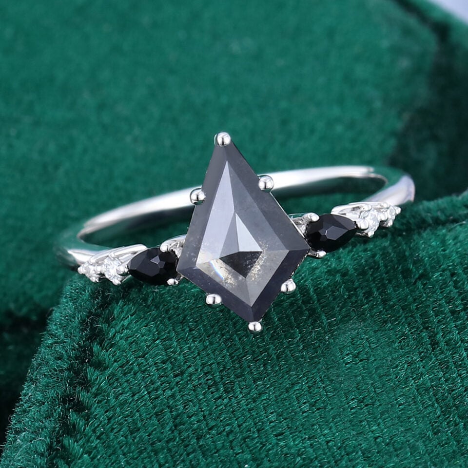 Kite Cut Salt and Pepper Diamond Engagement Ring Side Stones Promise Ring (2)