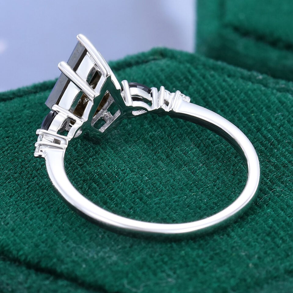 Kite Cut Salt and Pepper Diamond Engagement Ring Side Stones Promise Ring (3)