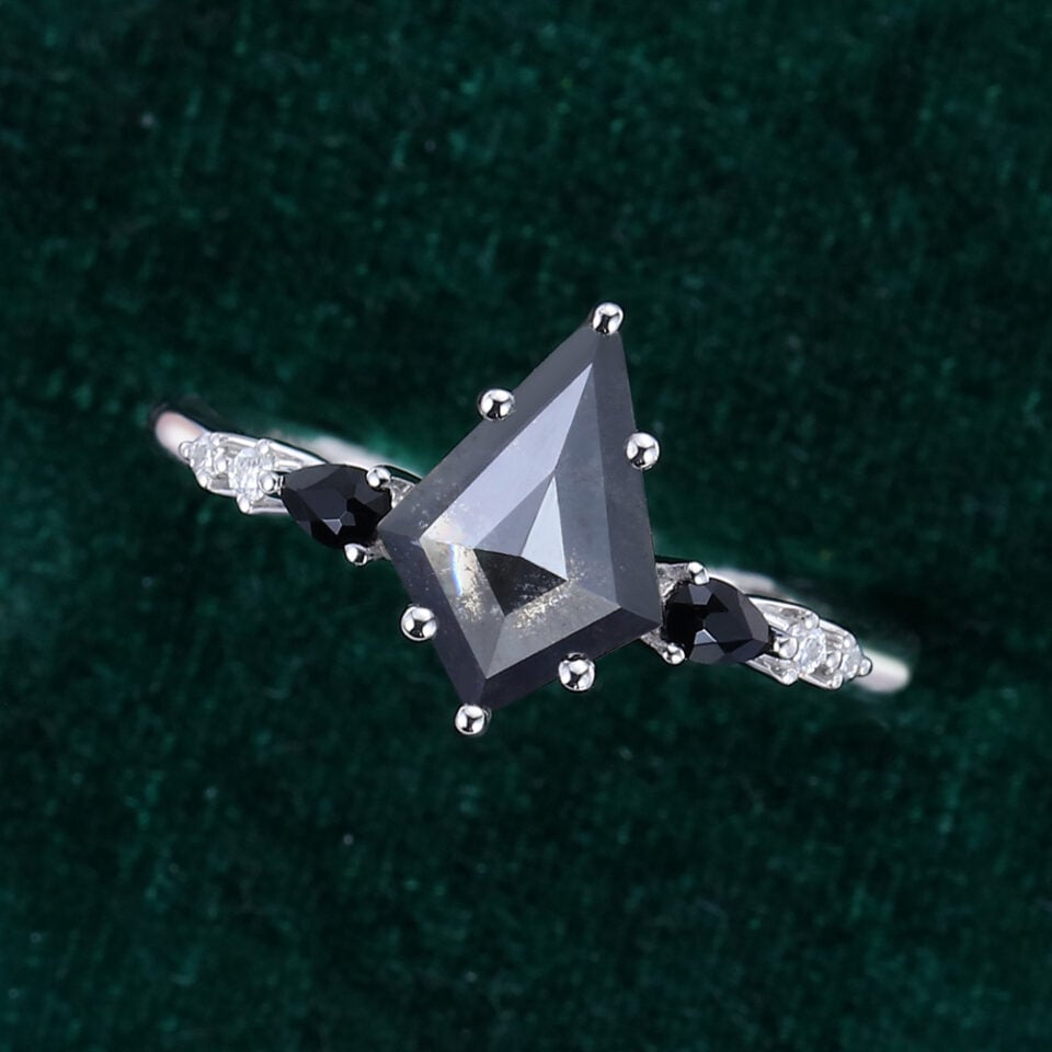 Kite Cut Salt and Pepper Diamond Engagement Ring Side Stones Promise Ring (4)