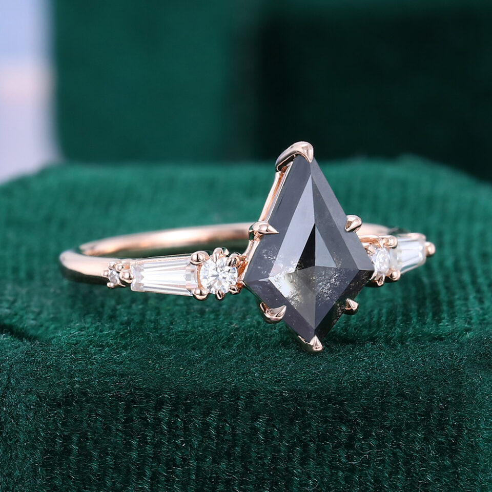 Kite Cut Salt and Pepper Engagement Ring With Moonstone Accents (7)