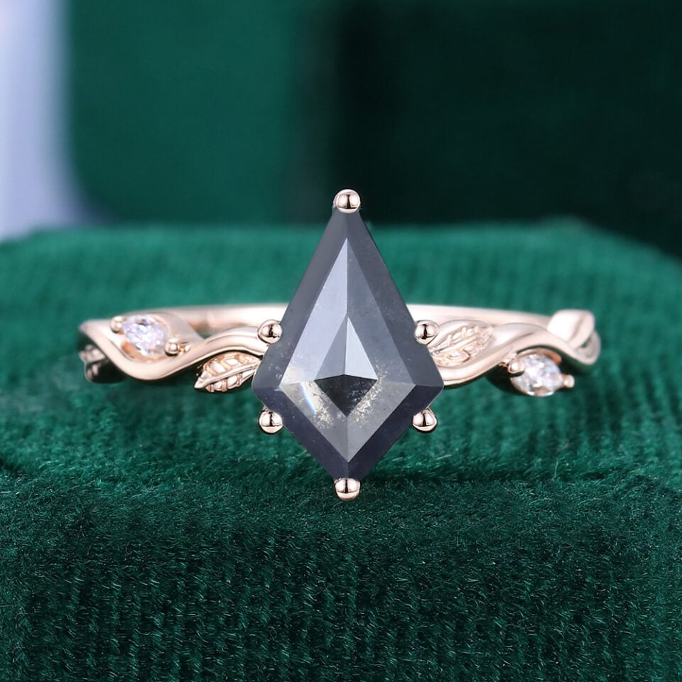 Leafwave | Kite Cut Salt And Pepper Diamond Engagement Ring With Alternating Leaf Band