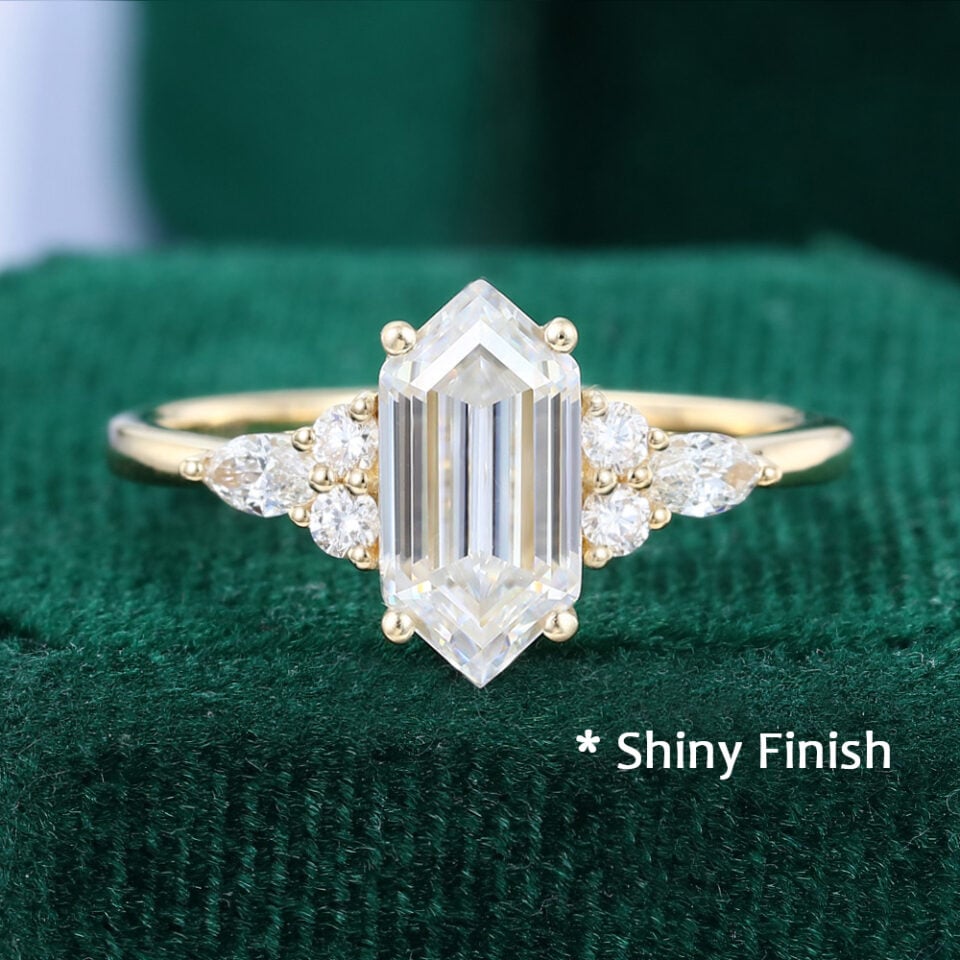 Long Hexagon Cut Moissanite Engagement Ring with Classic Cluster Accents - Shiny