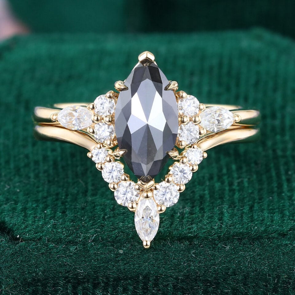 Marquise Cut Salt and Pepper Diamond Bridal Ring Set 2PCS Vintage Engagement Ring Set