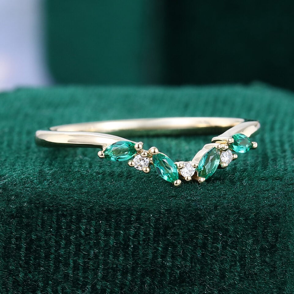 Marquise Cut Emerald Curved Wedding Band Unique Stacking Ring (3)