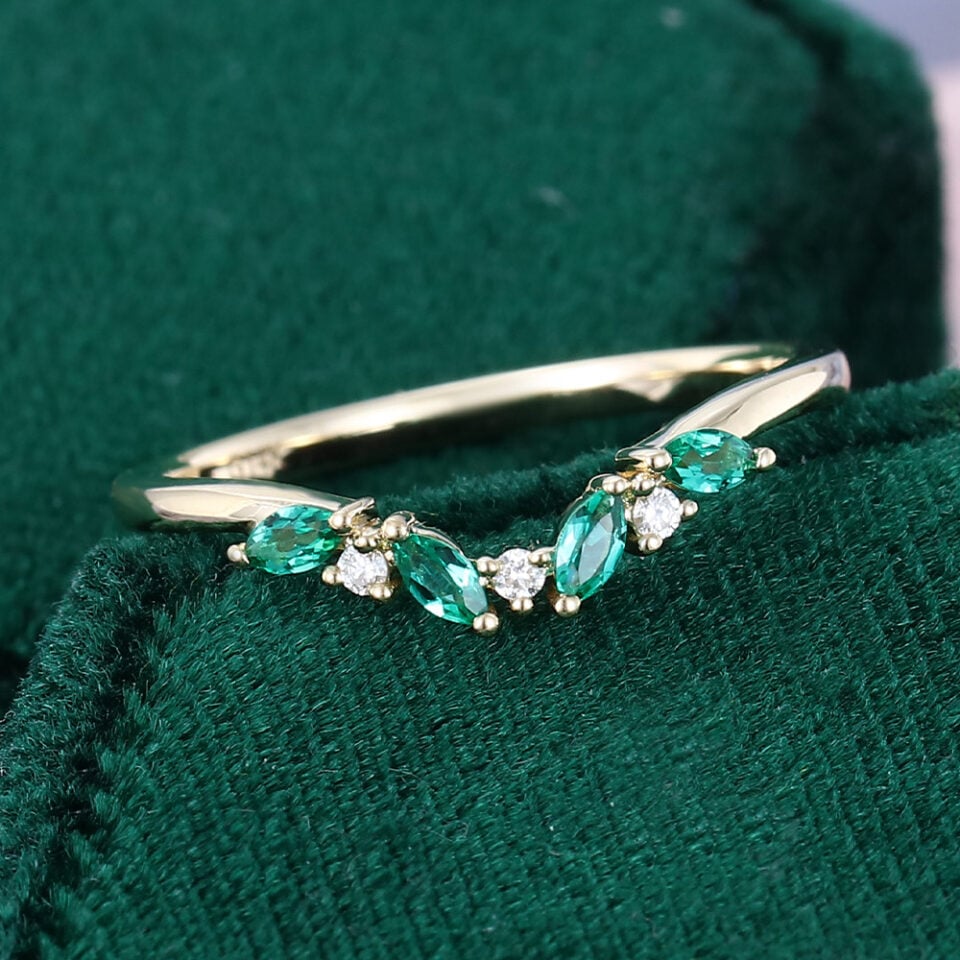Marquise Cut Emerald Curved Wedding Band Unique Stacking Ring (4)