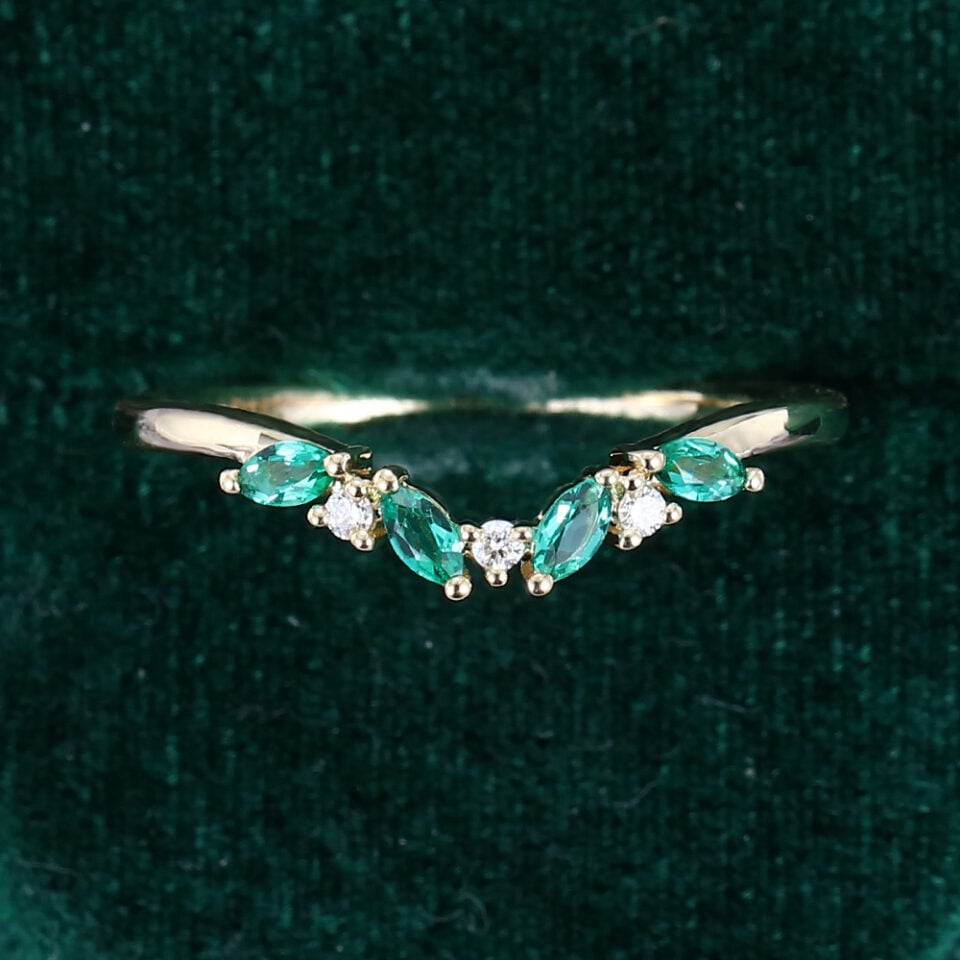 Marquise Cut Emerald Curved Wedding Band Unique Stacking Ring (6)