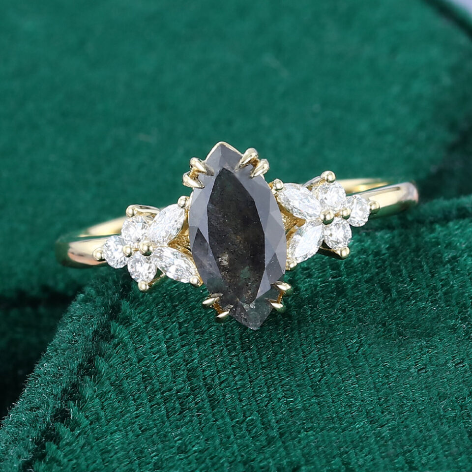 Marquise Cut Salt and Pepper Diamond Petals Engagement Ring Cluster Ring(3)