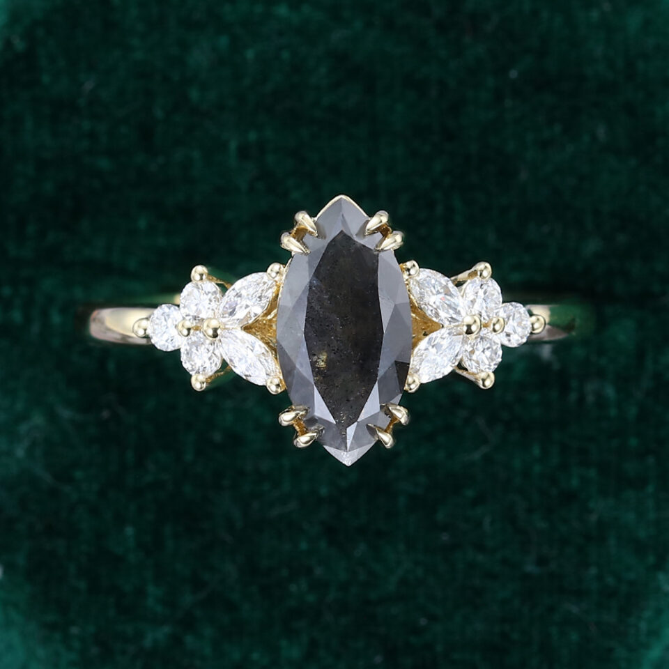 Marquise Cut Salt and Pepper Diamond Petals Engagement Ring Cluster Ring(5)