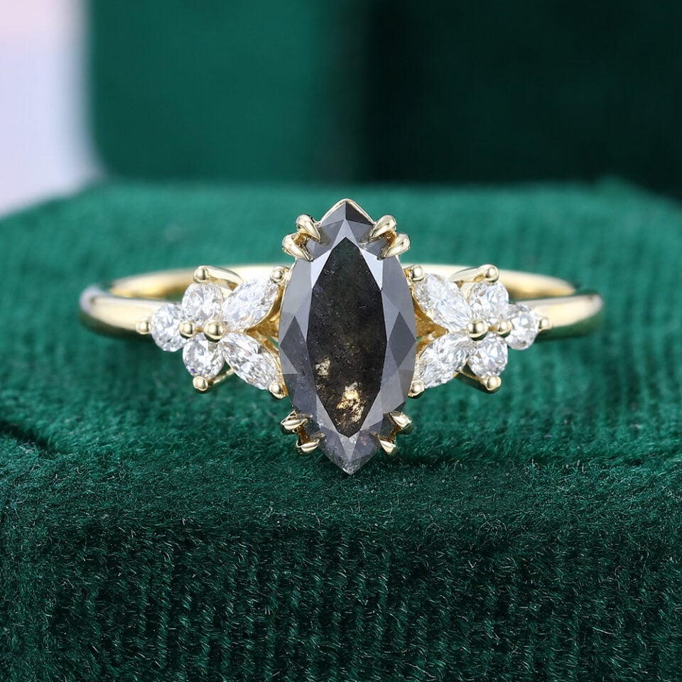Blossom Cluster | Marquise Cut Salt and Pepper Diamond Engagement Ring – Dainty Petals