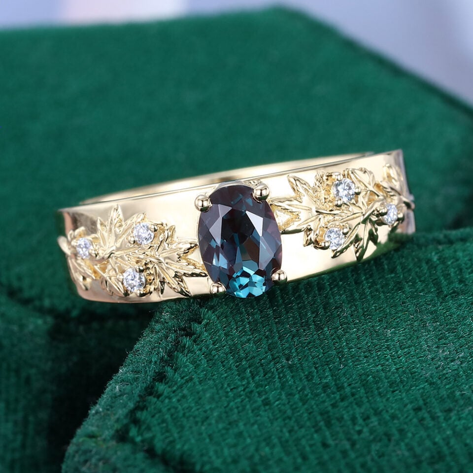 Oval Cut Alexandrite Maple Leaves Engraved Gender Neutral Wedding Band (4)