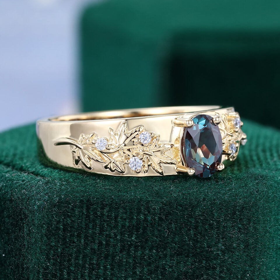 Oval Cut Alexandrite Maple Leaves Engraved Gender Neutral Wedding Band (7)
