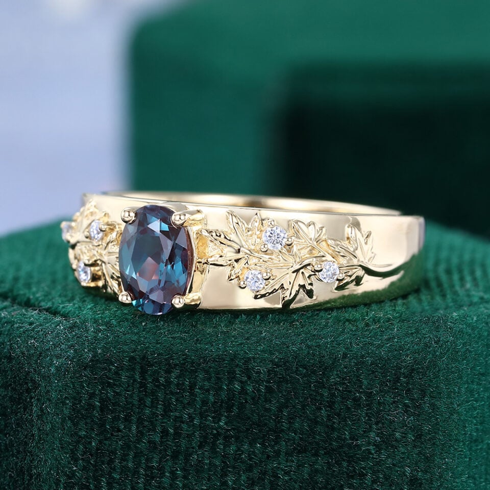 Oval Cut Alexandrite Maple Leaves Engraved Gender Neutral Wedding Band (8)