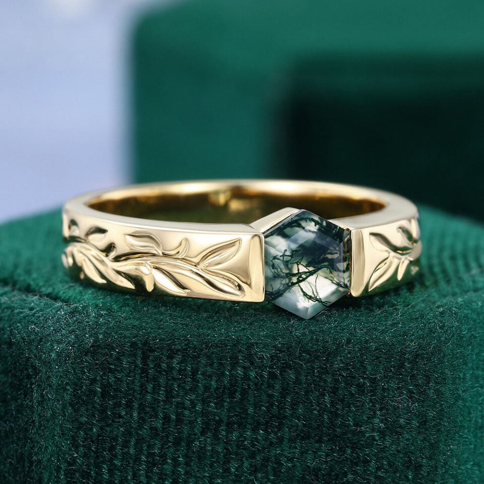 Oval Cut Alexandrite Olive Leaves Engraved Gender Neutral Wedding Band (2)