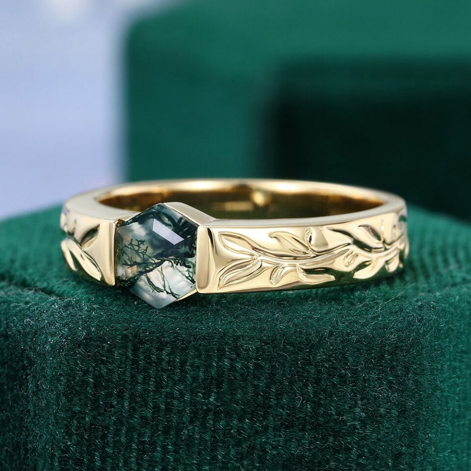 Oval Cut Alexandrite Olive Leaves Engraved Gender Neutral Wedding Band (3)